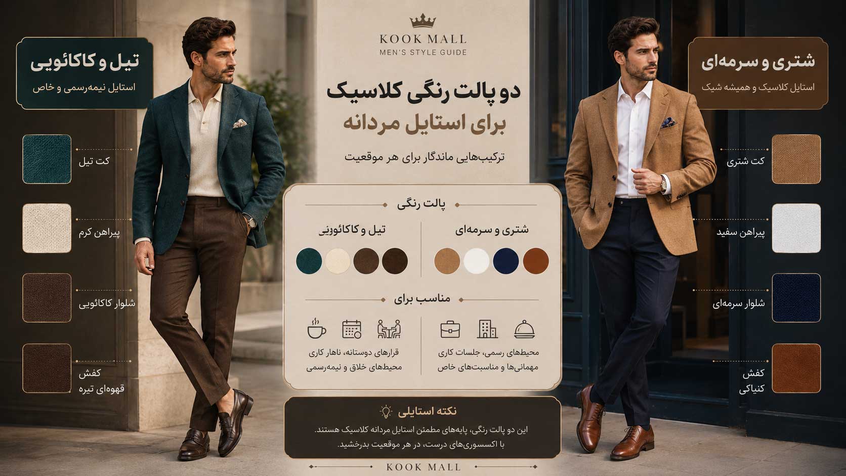 ترکیب تیل و قهوهای و ترکیب شتری و سرمهای در لباس مردانه