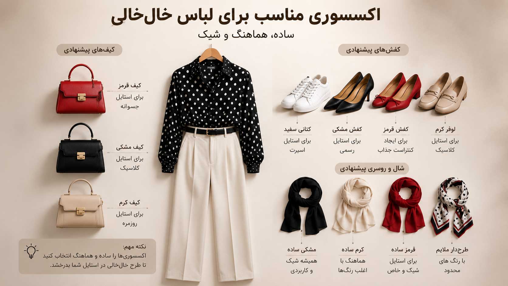 کیف، کفش و شال مناسب برای ست لباس خالخالی مشکیوسفید