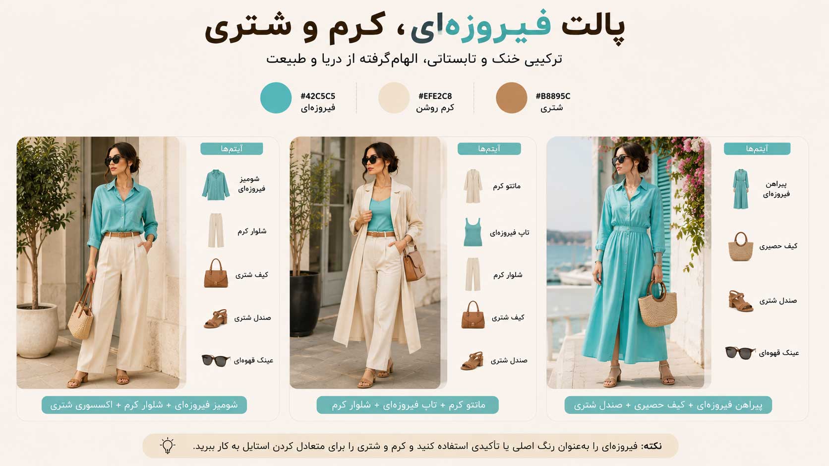 ست تابستانی با رنگ فیروزهای کرم و شتری