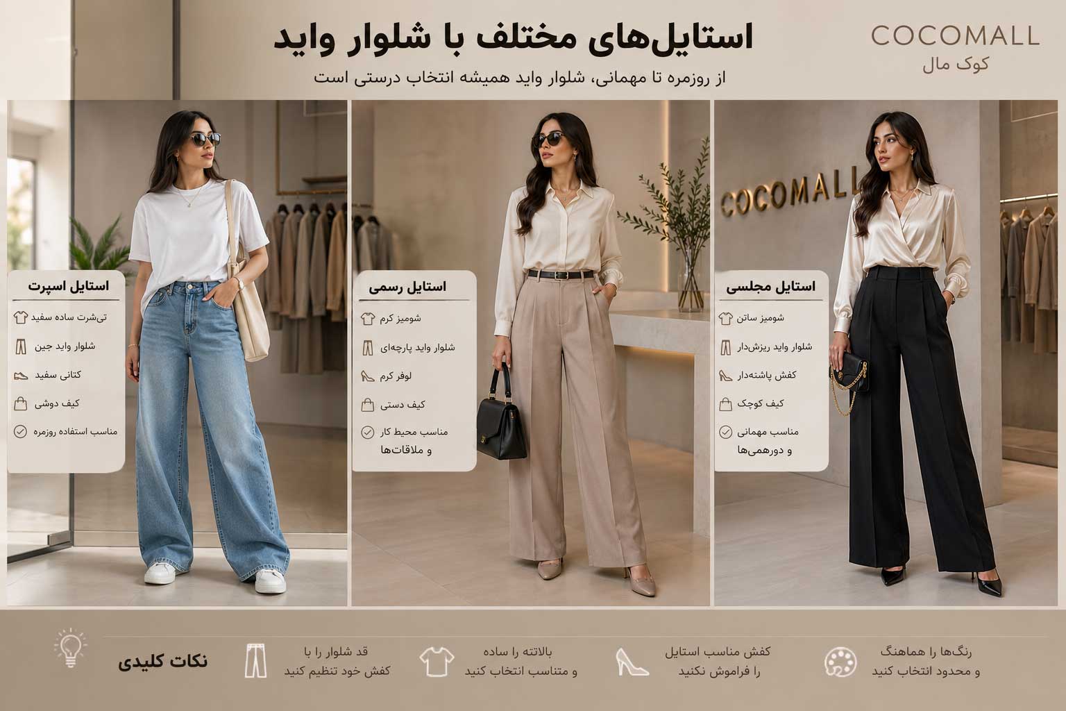 استایل اسپرت، رسمی و مجلسی زنانه با شلوار واید