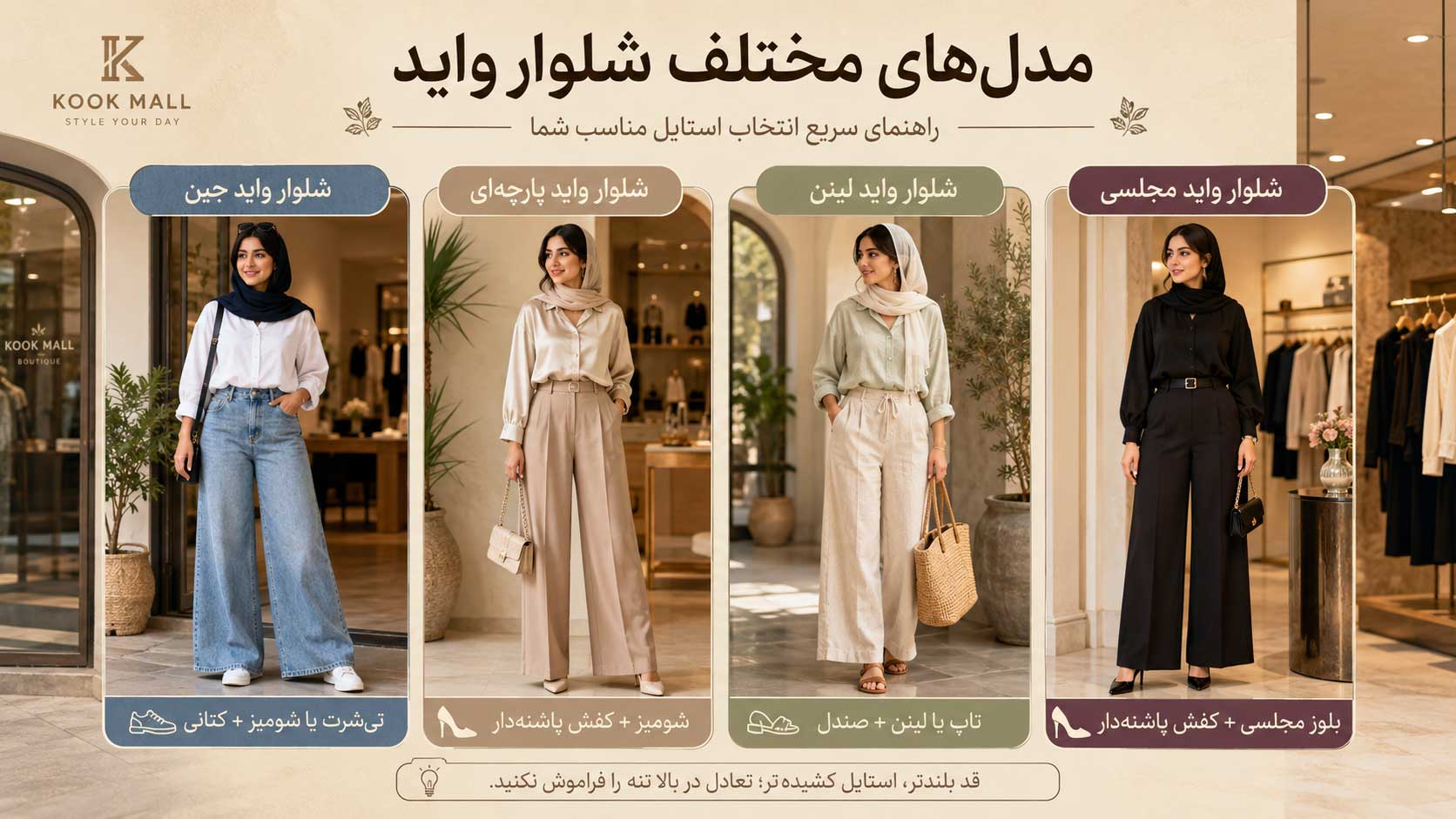مقایسه شلوار واید جین، پارچه‌ای، لینن و مجلسی زنانه