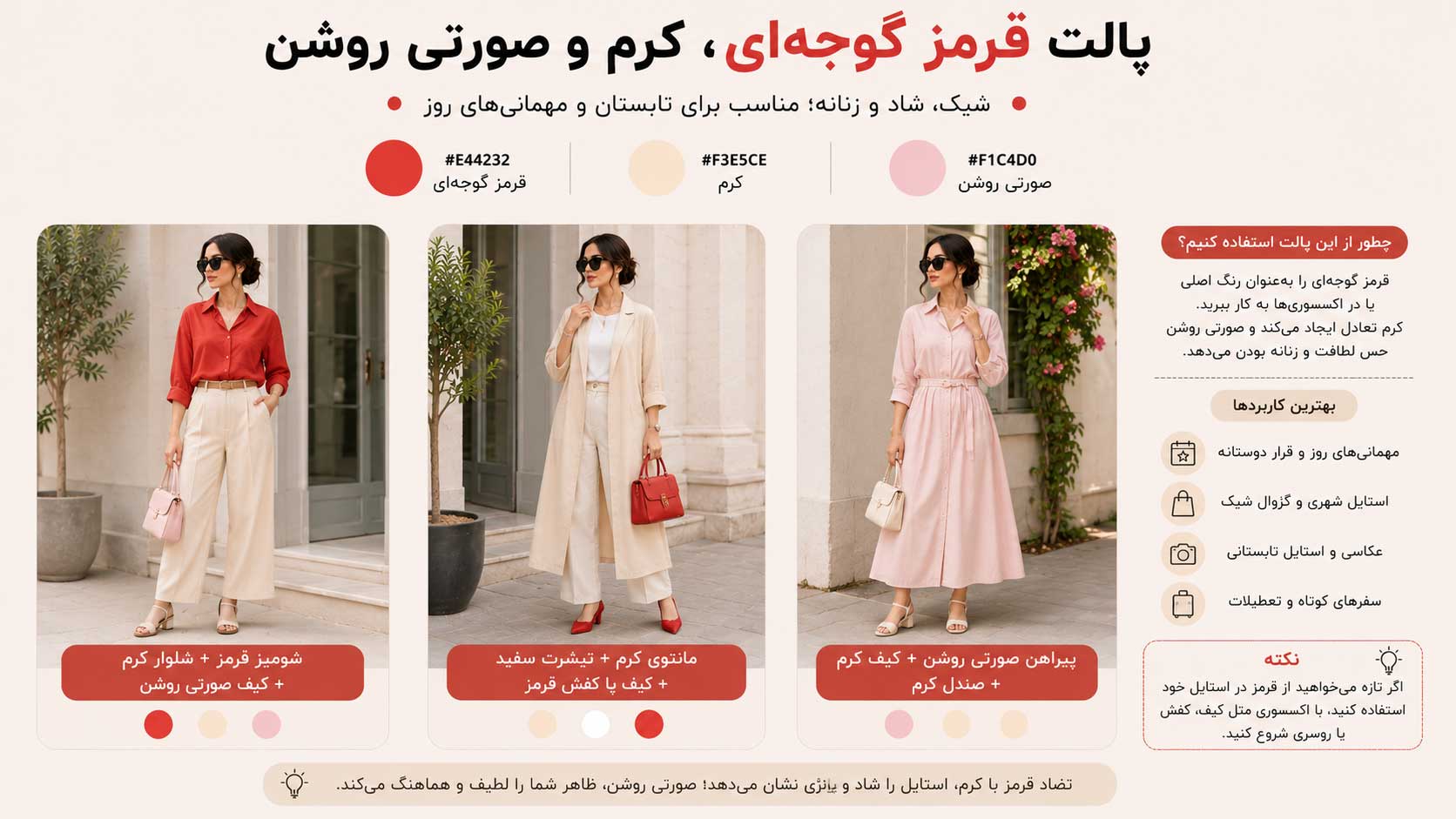ترکیب قرمز گوجهای کرم و صورتی برای لباس تابستانی