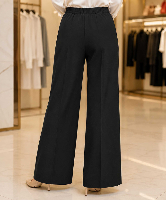 نمای پشت شلوار کرپ فولبگ کمرکش زنانه مشکی با کمر کشی و پاچه گشاد، مناسب سایز ۴۰ تا ۵۰
