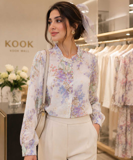تنپوش شومیز آستین بلند زنانه مدل پری با طرح گلدار یاسی و کرمی روشن در فروشگاه KOOK