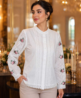 شومیز زنانه یقه ایستاده مدل آستین گلدوزی رز رنگ سفید در کوک مال