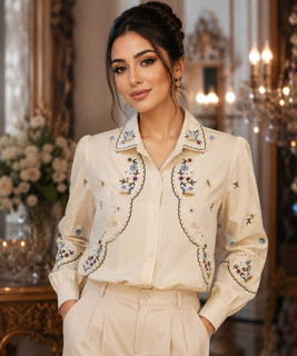 شومیز زنانه یقه کلاسیک مدل گلدوزی دالبری رنگ کرم در کوک مال