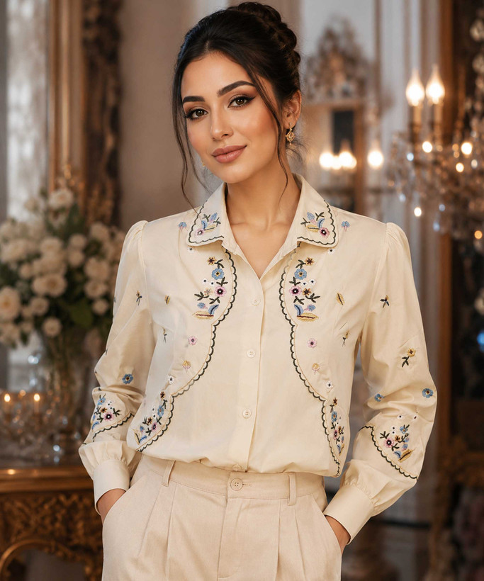 شومیز زنانه یقه کلاسیک مدل گلدوزی دالبری رنگ کرم در کوک مال