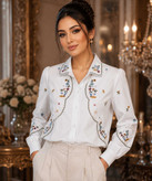 شومیز زنانه یقه کلاسیک مدل گلدوزی دالبری رنگ سفید در کوک مال