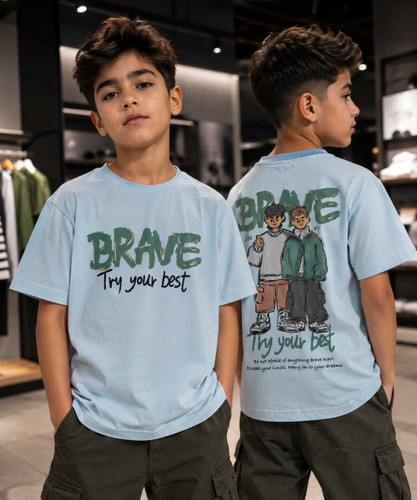 تیشرت نیمه آستین پسرانه دو طرف چاپ Brave رنگ آبی در فروشگاه کوک