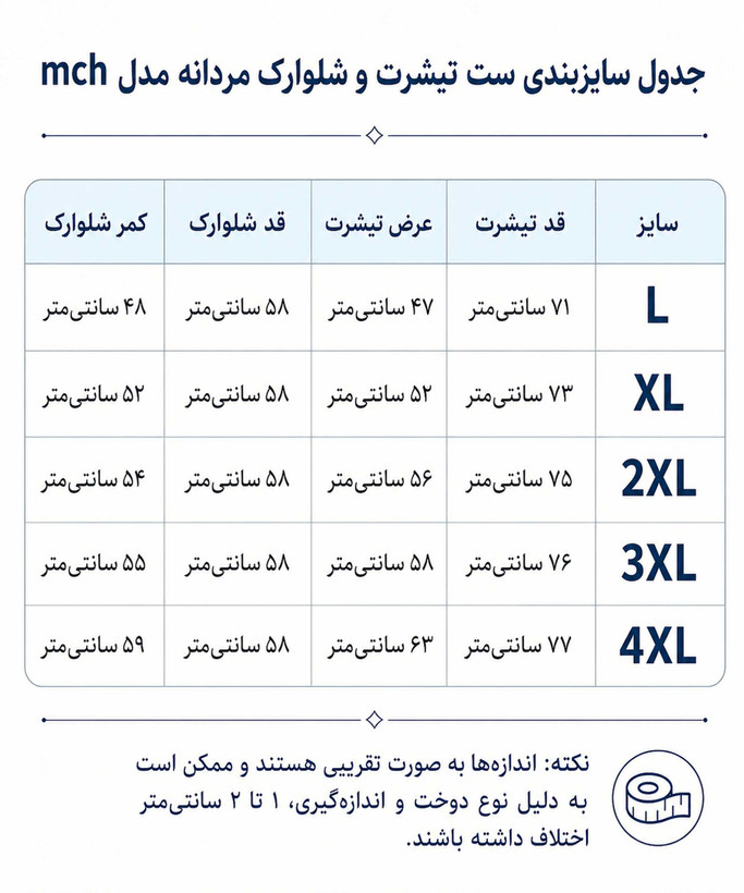 جدول سایز بندی ست تیشرت و شلوارک مردانه اندازه گیری شده در کوک مال