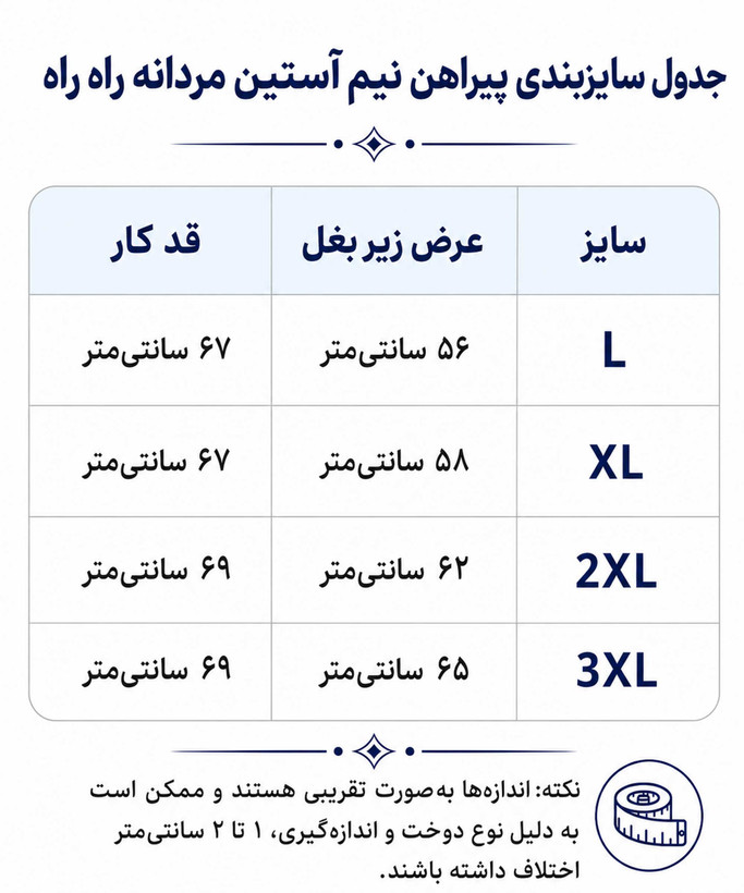جدول سایز بندی پیراهن مردانه در کوک مال