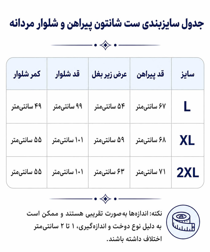 جدول سایز بندی ست پیراهن و شلوار مردانه در کوک مال