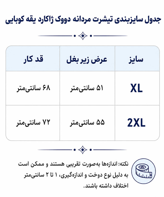 جدول سایز بندی تیشرت مردانه در کوک مال