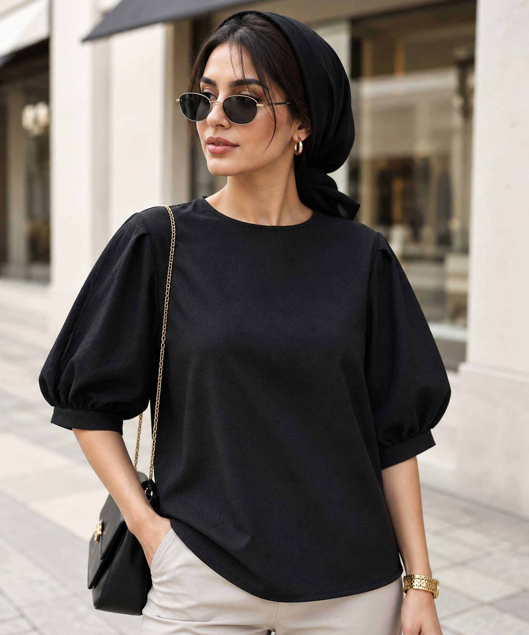 شومیز زنانه بیسکویتی آستین‌پف در کوک مال