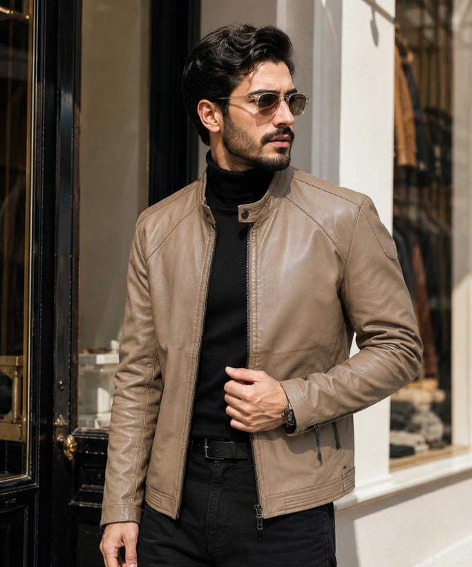 کاپشن چرم مردانه یقه ایستاده مدل GSSW