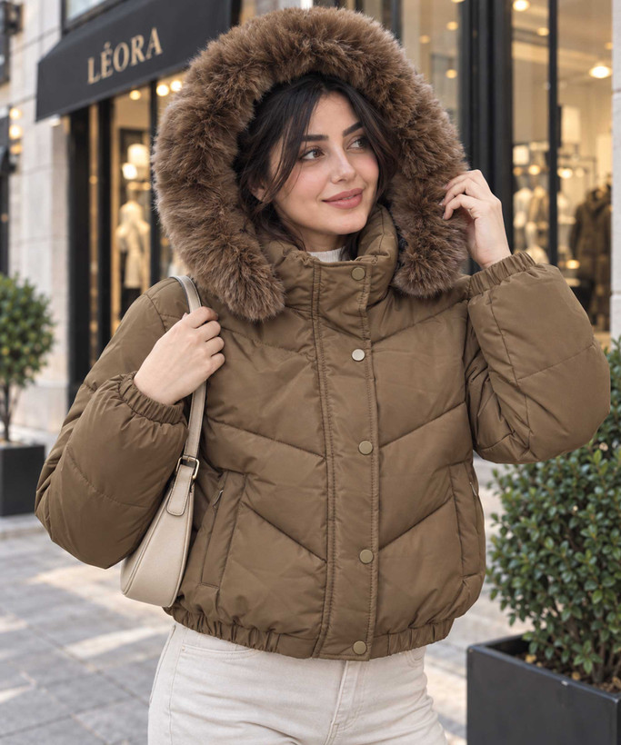 کاپشن زنانه کوتاه کلاهدار مدل Pum