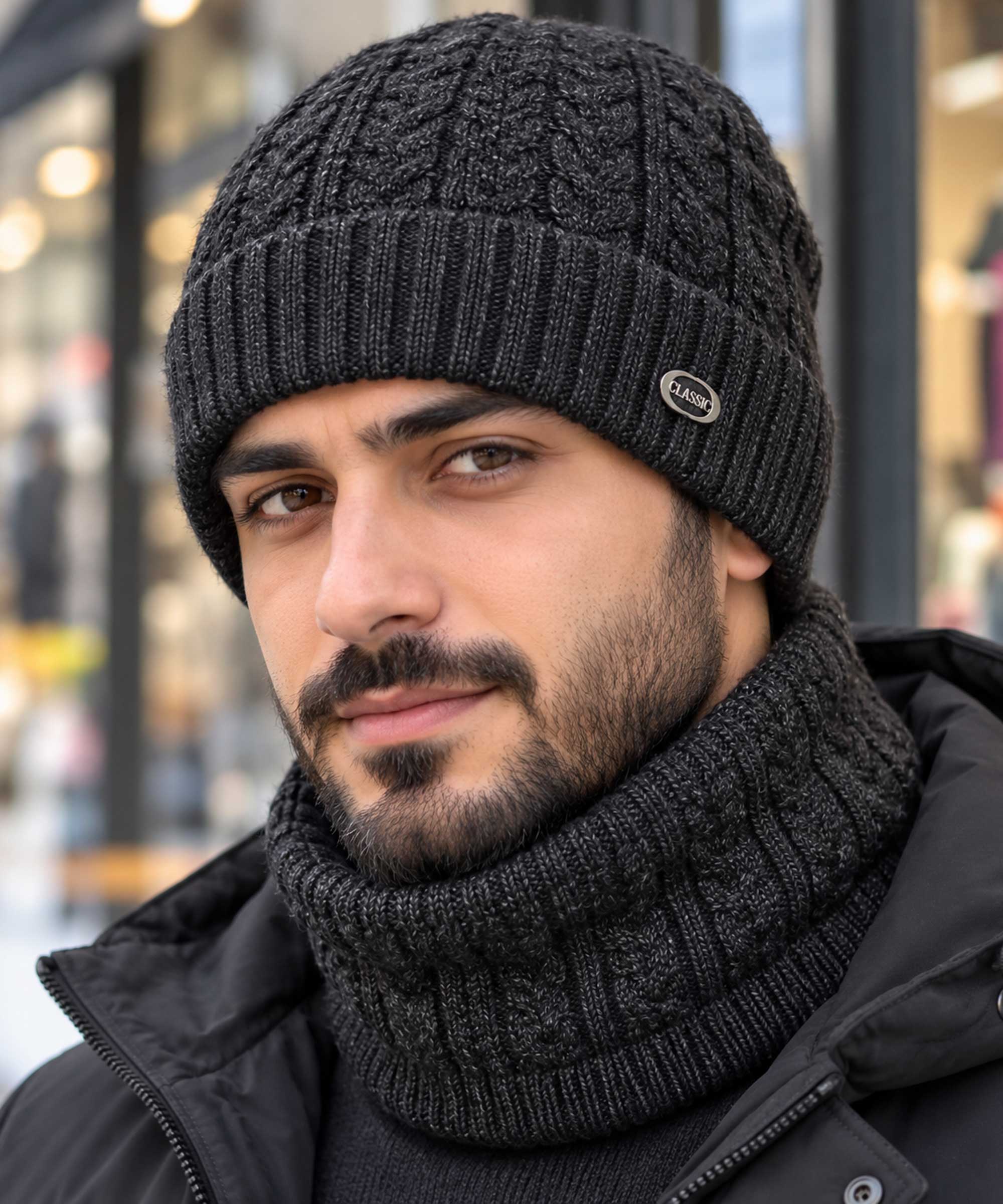 ست کلاه و گردنی مردانه بافت مدل کلاسیک